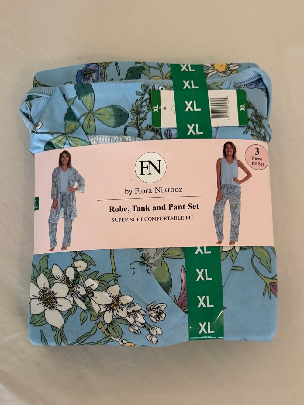 Flora Nikrooz Light Blue Floral Robe, Tank & Pants Set